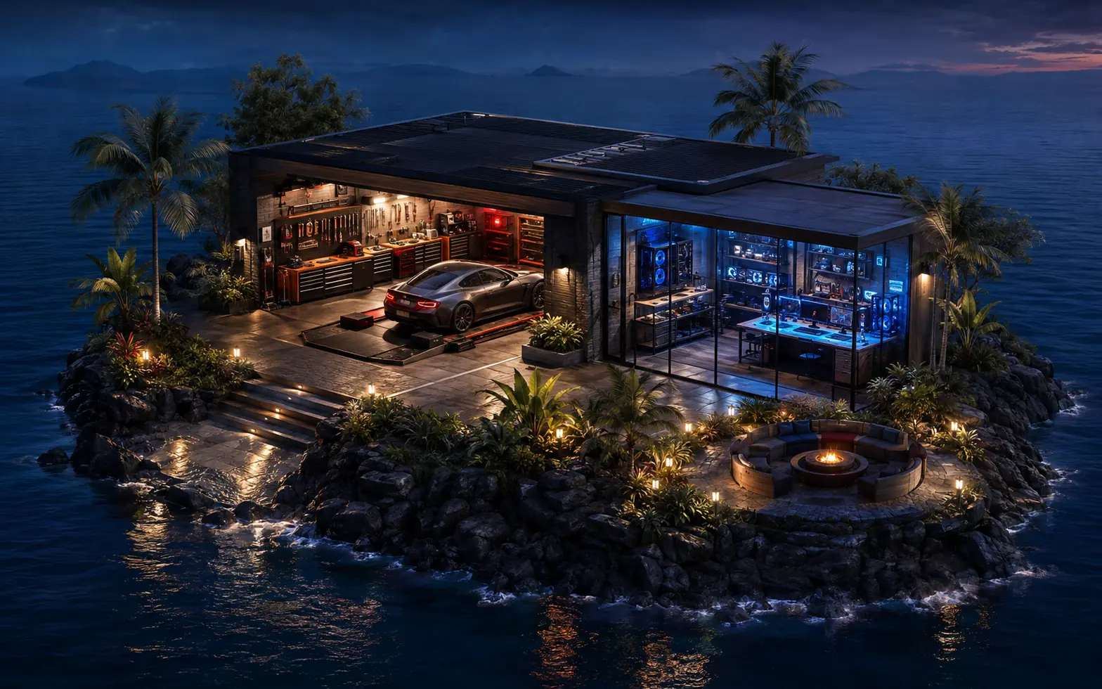 An automotive workshop and custom PC lab on Garage Island