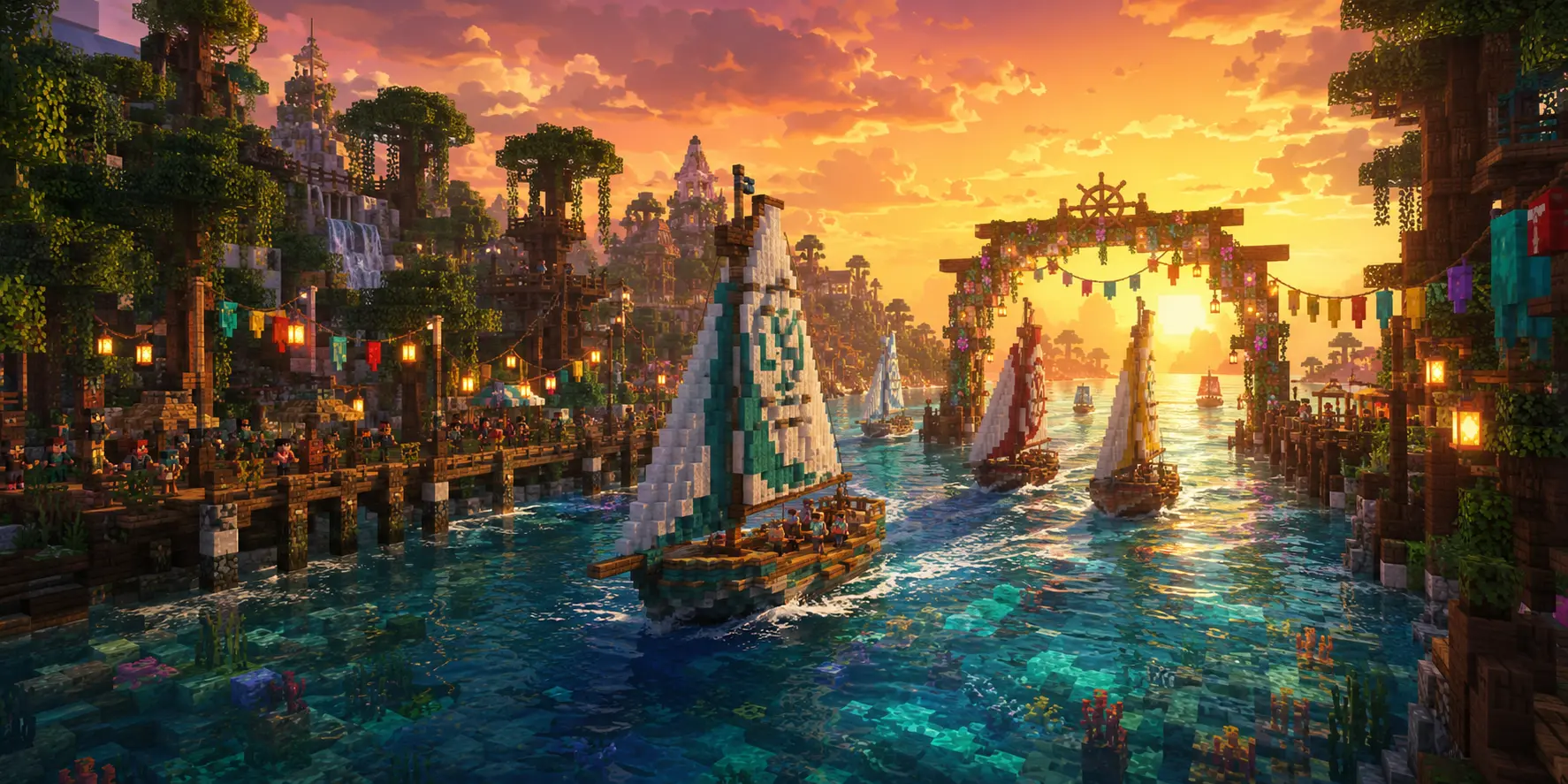 Tropical island sailboat regatta at sunset
