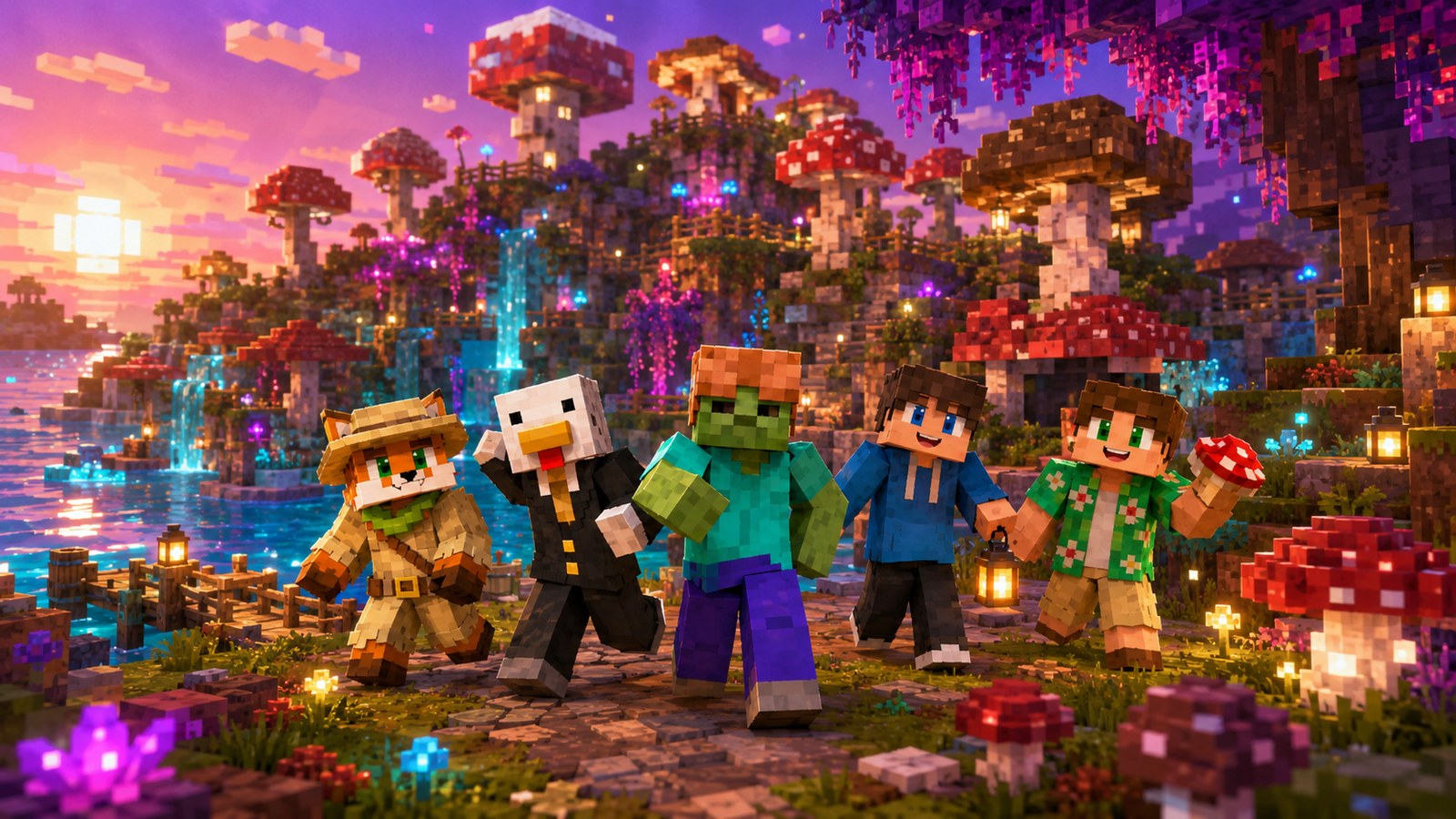 Doozys Island players gathered around a campfire at sunset