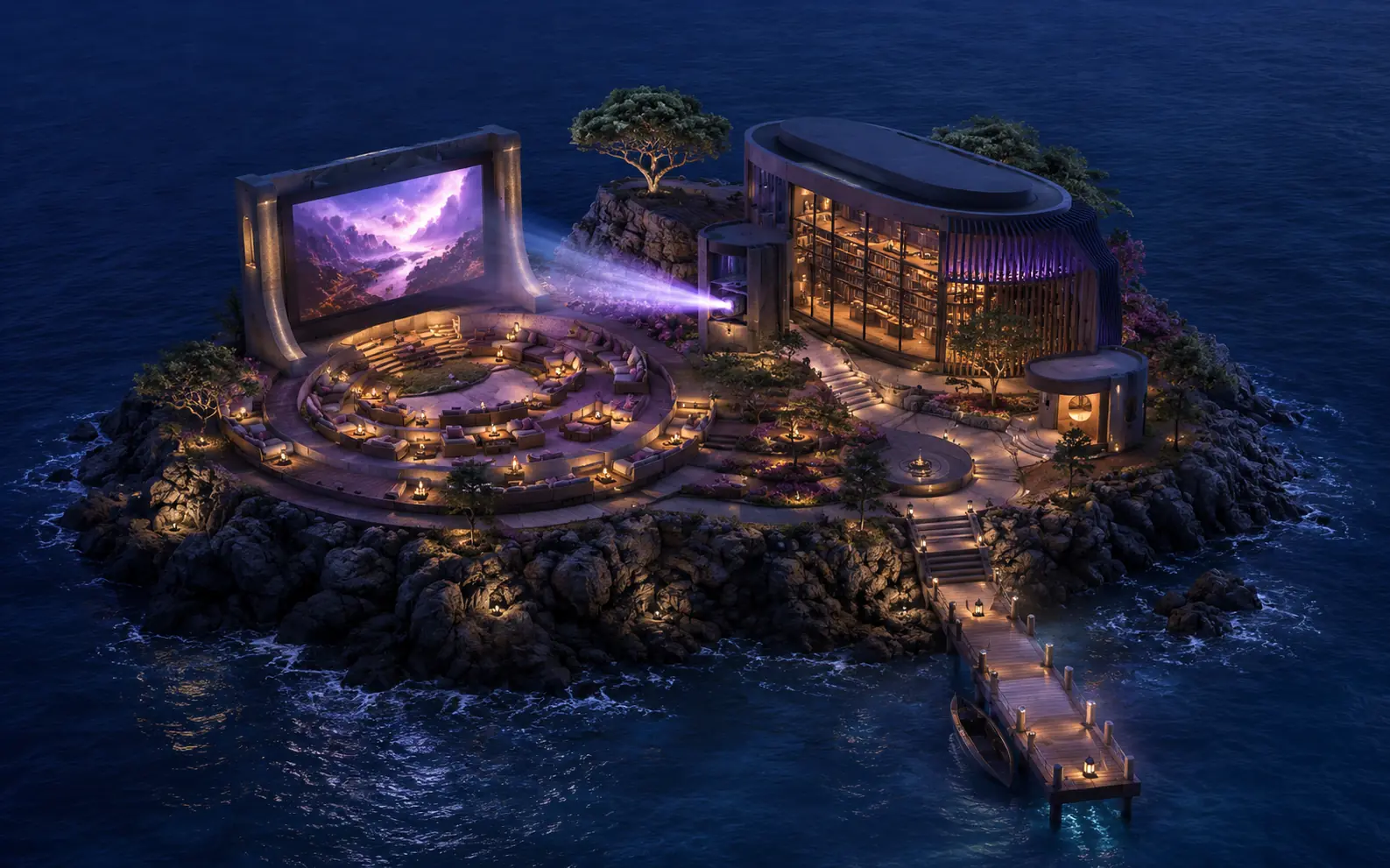 A coastal cinema and media library on Plex Island
